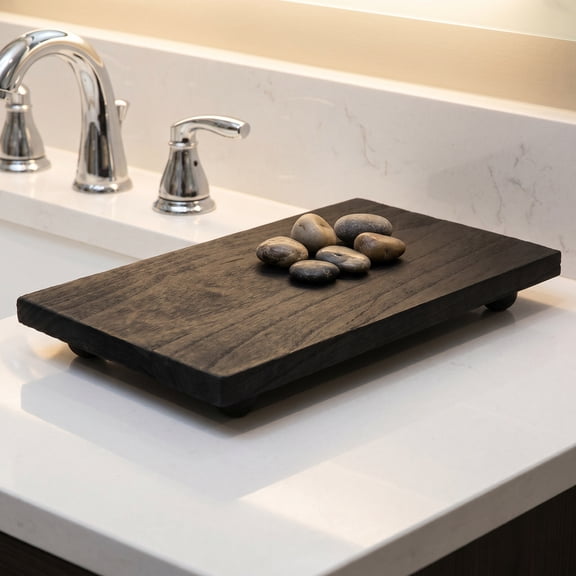 OFFIGAM Wooden Sink Caddy Tray Black Rustic Pedestal Riser for Home Decor