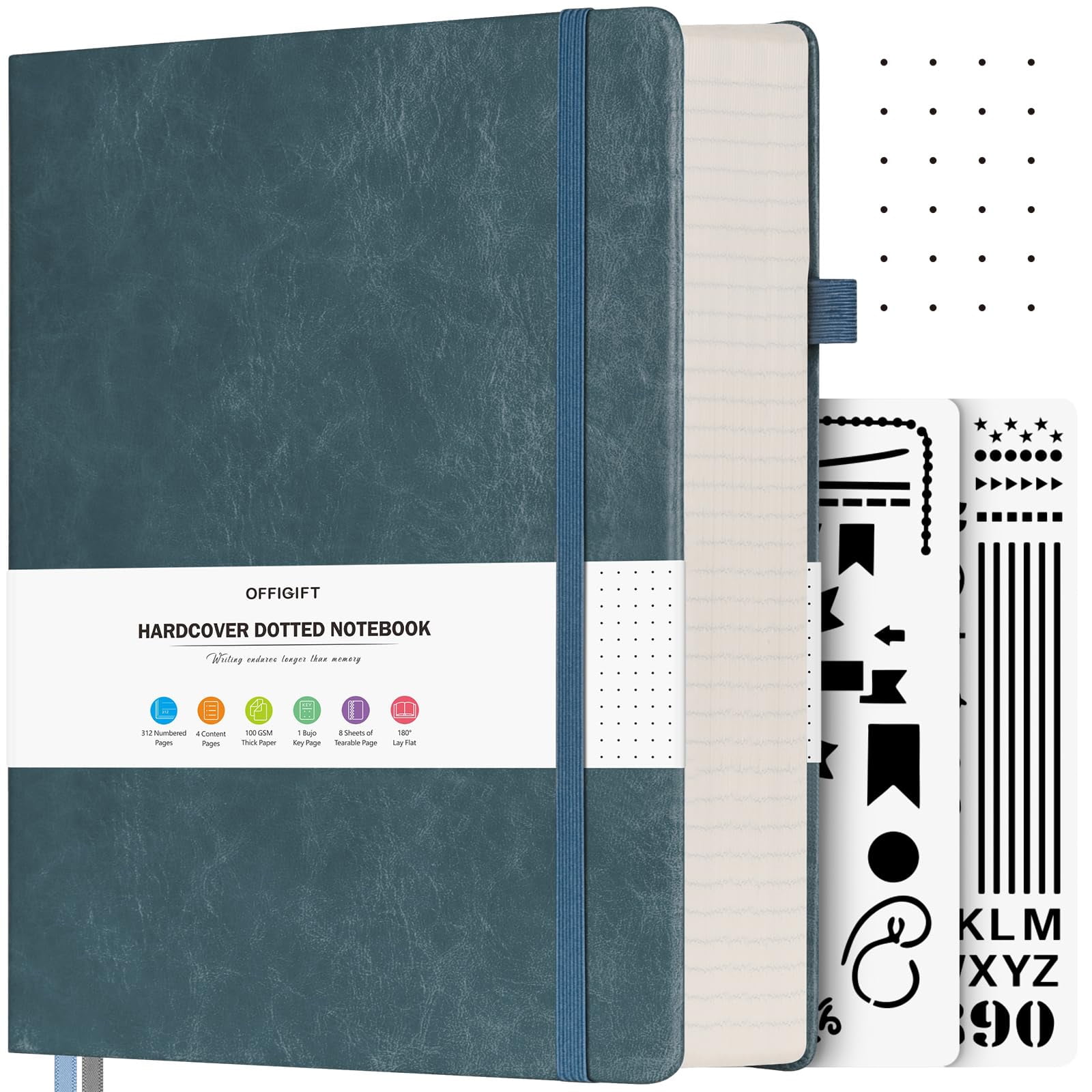 OFFIGIFT Bullet Dotted Journal, Large A4 Hardcover Leather Journal, 312 Numbered Pages Thick Journal, 100gsm No Bleed Paper Dot Grid Notebook for Women Men, 8.5'' 11'', Grey Blue