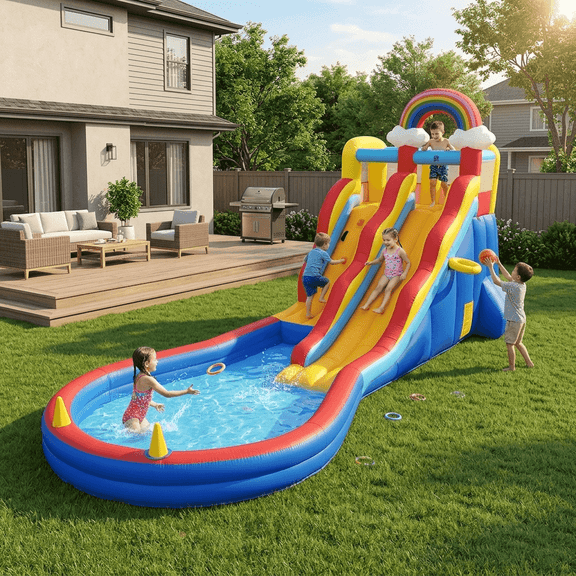 OFFMUST 20FT Giant Inflatable Water Slide Splash Pool, Rainbow Backyard Splash Park with Dual Climbing Walls