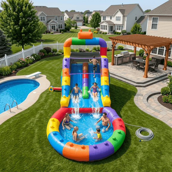 OFFMUST 26.5ft Giant Inflatable Water Slide - Commercial Grade PVC Backyard Water Park with Splash Pool & Climbing Wall - Heavy Duty Outdoor Adventure