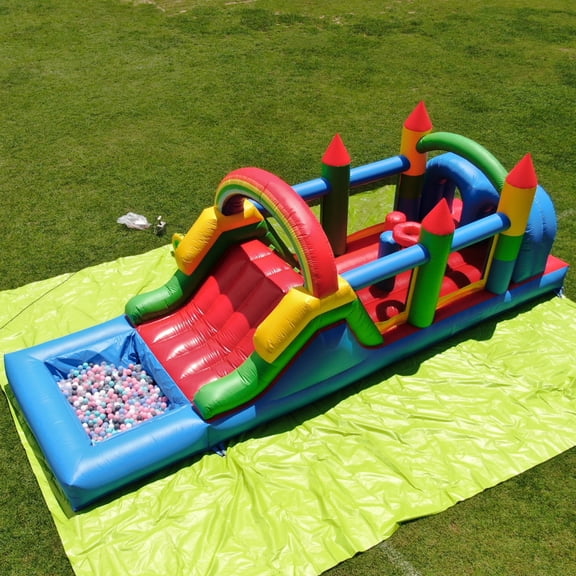 OFFMUST Inflatable Obstacle Course Bounce House with Slide, Wet Dry Pool, Rainbow Theme, 25ft