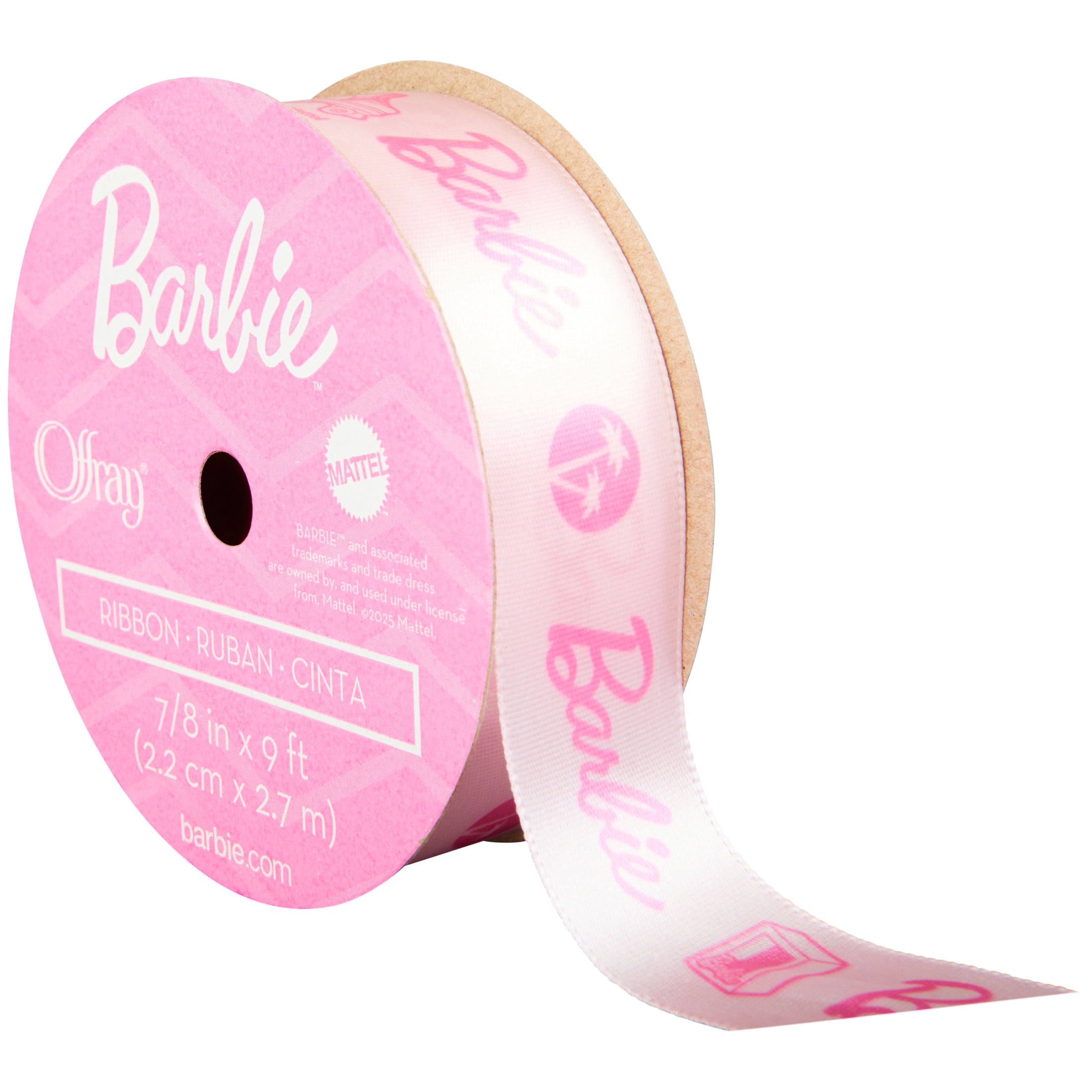 Offray Barbie single face satin ribbon, 0.875in x 9ft, for sewing, crafts and gifting