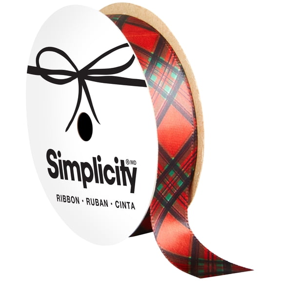 Offray Single Face Satin Christmas Plaid Red 5/8" X 9 ft Ribbon