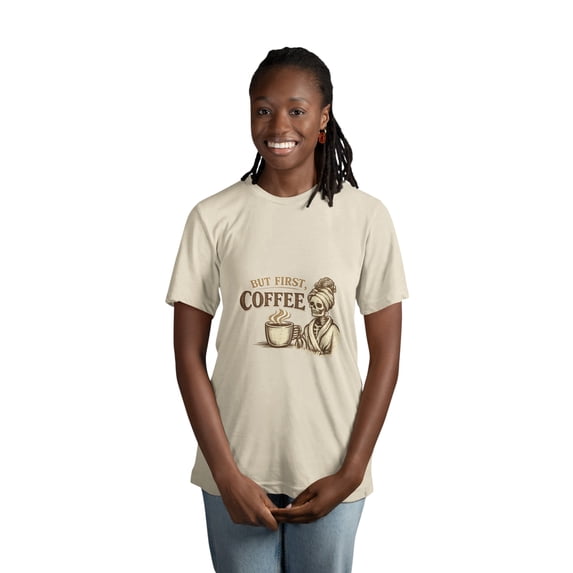 OFFROXBURY But First, Coffee T-Shirt – Vintage Coffee Lover Graphic Tee, Funny Caffeine Shirt, Cozy Retro Unisex Casual Top (US, Alpha, Large, Regular, Regular, Sand)