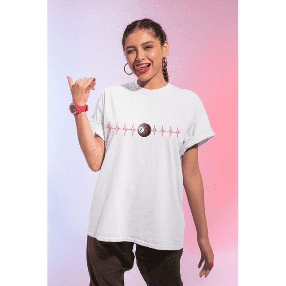 OFFROXBURY Heartbeat 8 Ball Pool T-Shirt – Billiards Lover Graphic Tee | Unisex Pool Player Shirt (US, Alpha, X-Large, Regular, Regular, White)