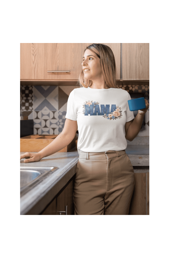 Mama Floral Denim Shirt, Boutique Mom Graphic Tee, Blue Jean Lettering with Flowers (US, Alpha, Small, Regular, Regular)