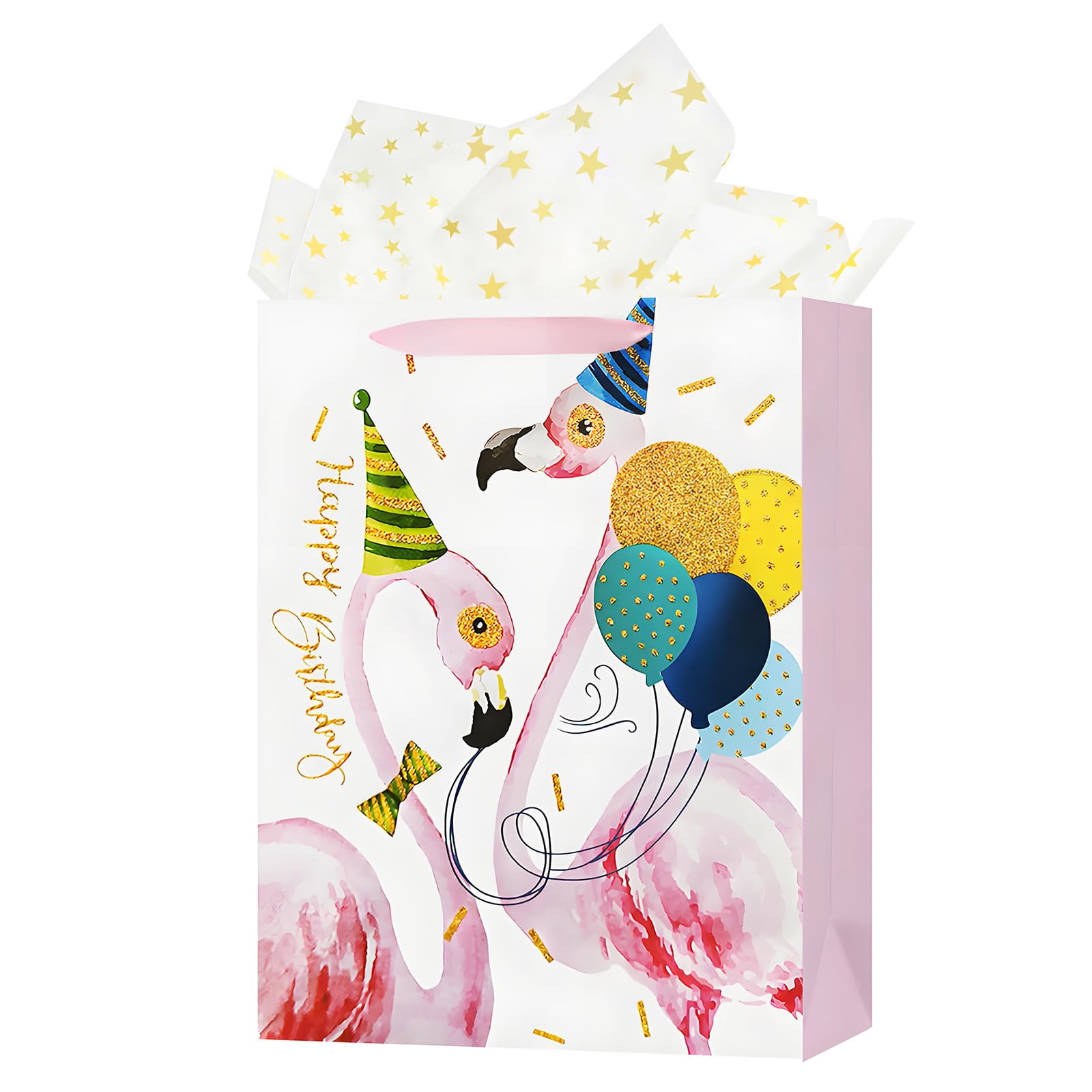 OFIHANLY 12.6 Medium Happy STF9Birthday Gift Bag with Handles for Women,Paper Gift Bags for Her Cute Girls Kids Baby Shower Pink Flamingo Paper Bags with Tissue Paper,1Pcs