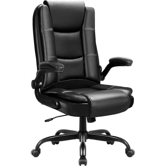 OFIKA Big and Tall Office Chair Computer Desk Chair - Ergonomic High Back Lumbar Support Home Office Chair with Padded Flip-up Arms, Adjustable Height Swivel Chair Leather Executive Chair (Black)