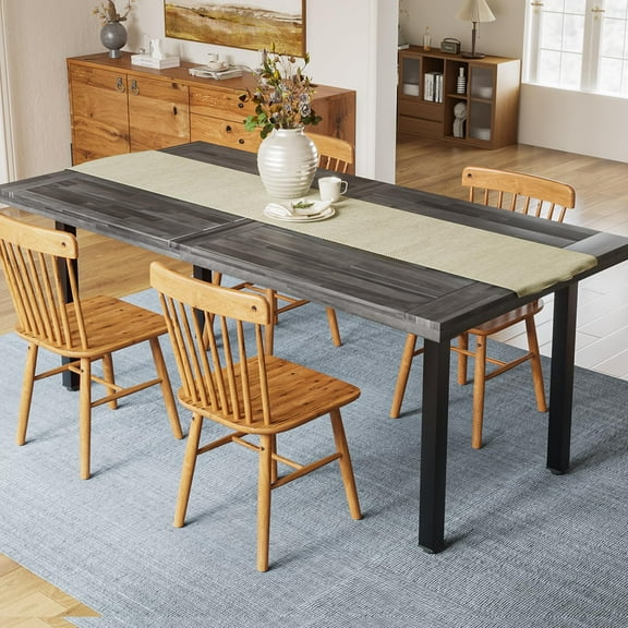 OFIKA Dining Table for 6-8 People, 70" Acacia Wood Rustic Rectangular Dinner Table with Metal Frame, Sandblast Finish, Natural Stained, Indoor Outdoor Kitchen Dining Room Table Large 70x33.2x30 inch