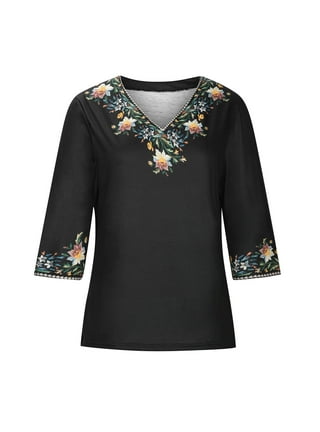Skary Womens Sexy Boho Tops And Blouses Long Sleeve V Neck Button Boho  Floral Embroider Casual Mexican Blouse ShirtS-XXXXXL