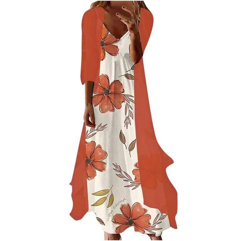 Moxiu Daily Deals,Bohemian Dresses for Women 2023,Womens Summer Dress  Casual Floral Print Midi Dress Button V Neck Short Sleeve Dresses Flowy  Boho Beach Party Sundress 