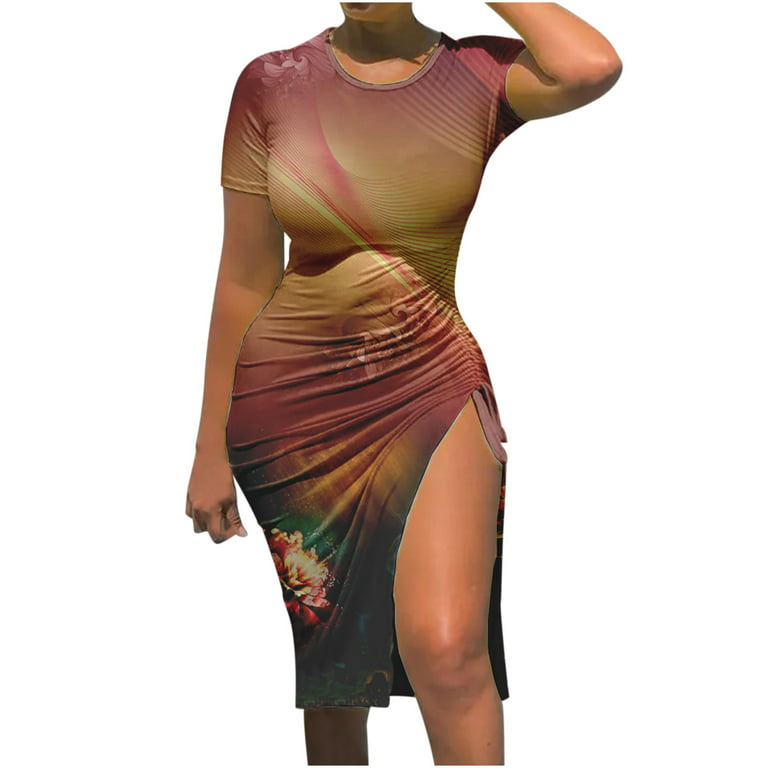 OFLALW Summer Dresses Women 2022, Sexy Trendy Smocked High Slit
