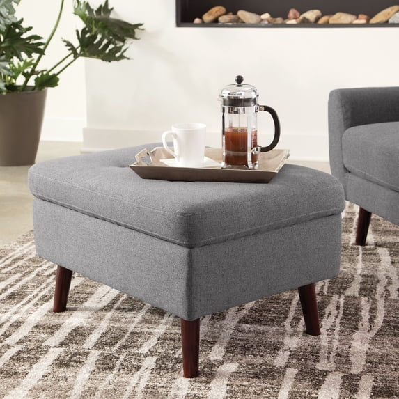 OFM 161-OTT2-DGRY 161 Collection Mid Century Modern Tufted Fabric Storage Ottoman, Walnut Legs - Dark Gray