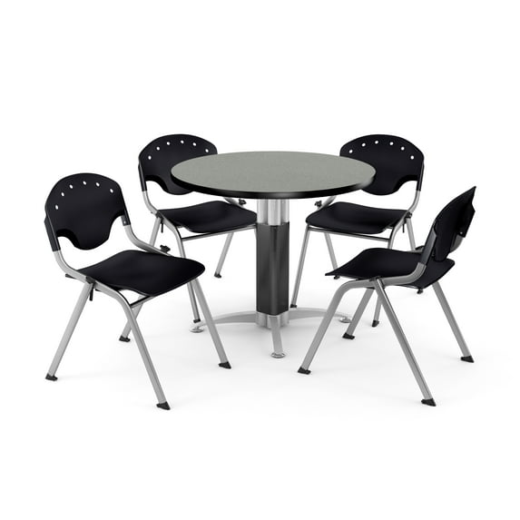 OFM Core Collection Breakroom Bundle, 36" Round Metal Mesh Base Multi-purpose Table in Gray Nebula, 4 Rico Stacking Chairs in Black (PKG-BRK-021-0007)