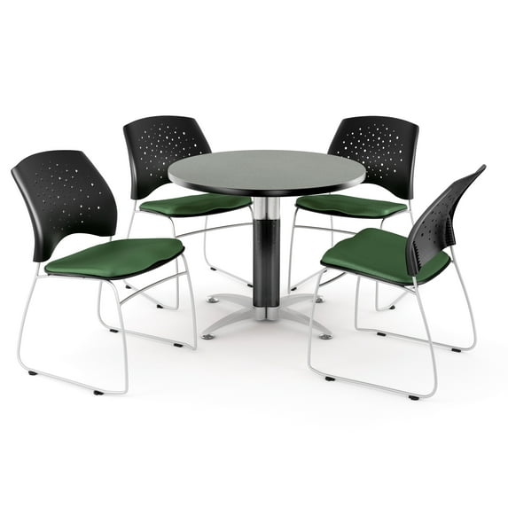 Table in Gray Nebula, 4 Stars Stacking Chairs in Green