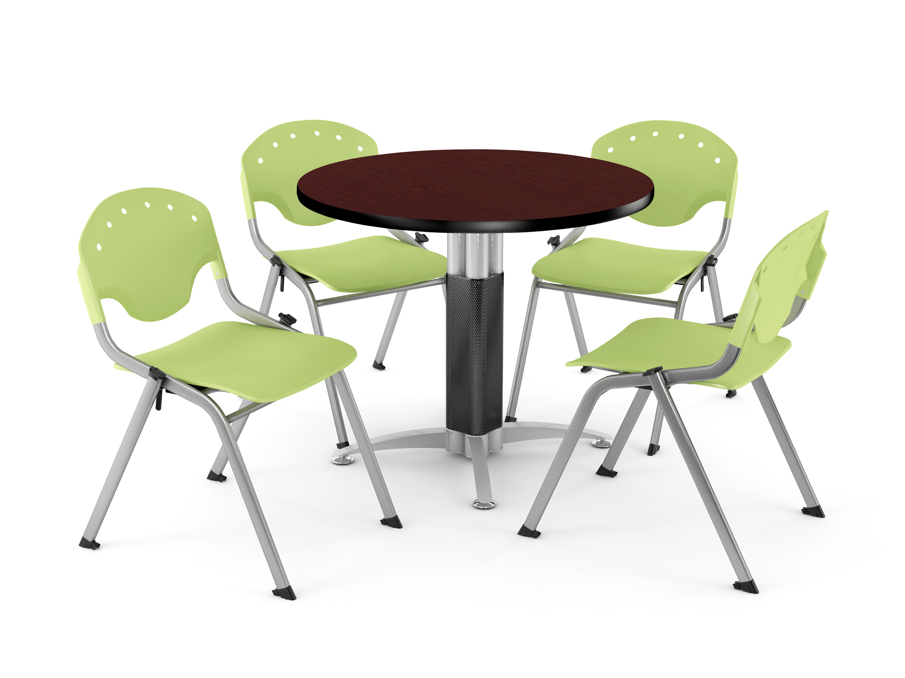 ofm core collection breakroom bundle, 36" round metal mesh base multi-purpose table in cherry, 4 rico stacking chairs in burgundy (pkg-brk-021-0003)
