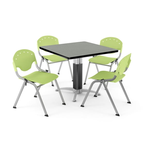 OFM Core Collection Breakroom Bundle, 36" Square Metal Mesh Base Multi-purpose Table in Gray Nebula, 4 Rico Stacking Chairs in Lime Green (PKG-BRK-022-0012)