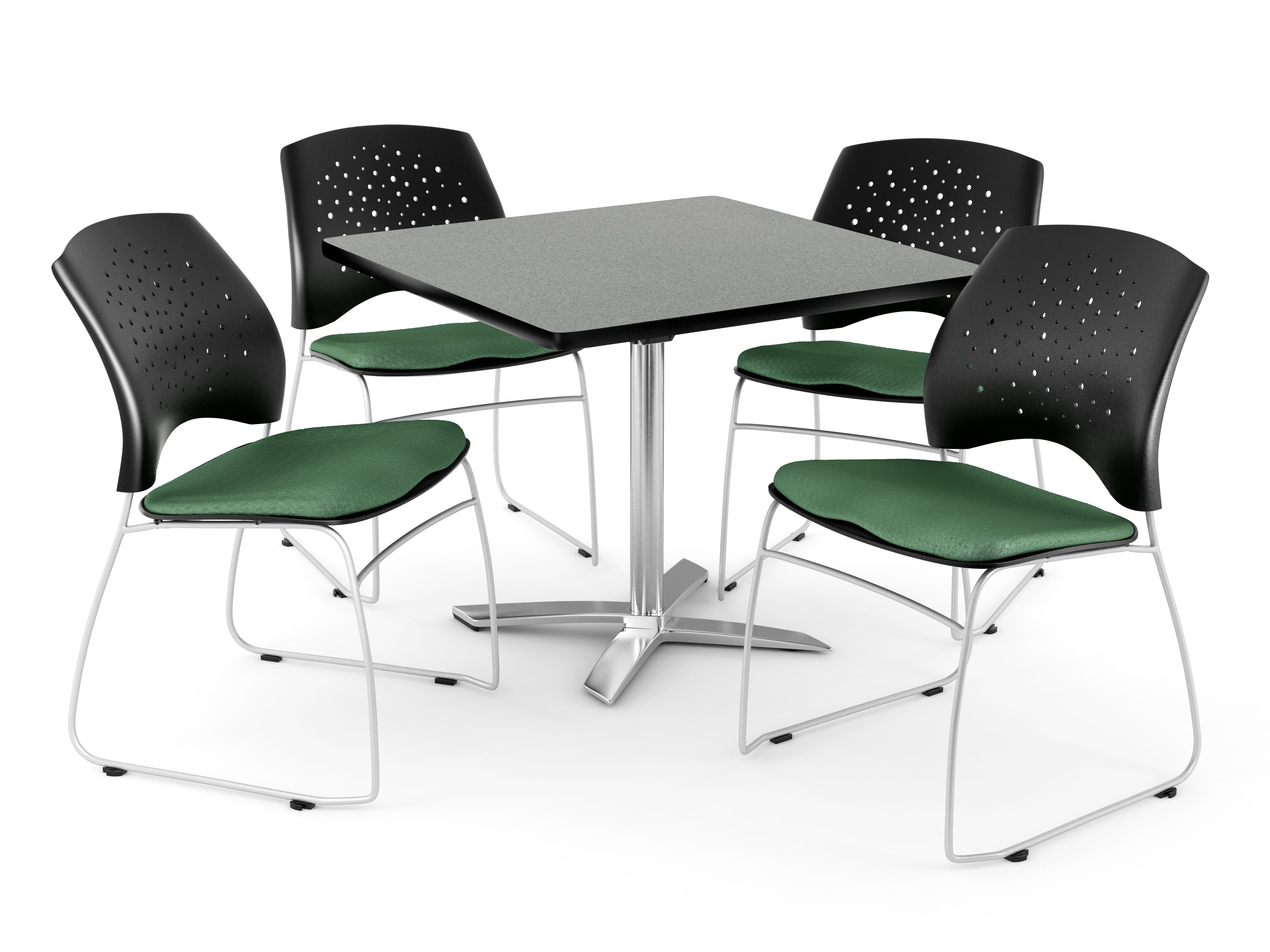 OFM Core Collection, Breakroom Bundle (36‑inch Folding Table + 4 Stacking Chairs), Gray Nebula Table & Shamrock Green Chairs