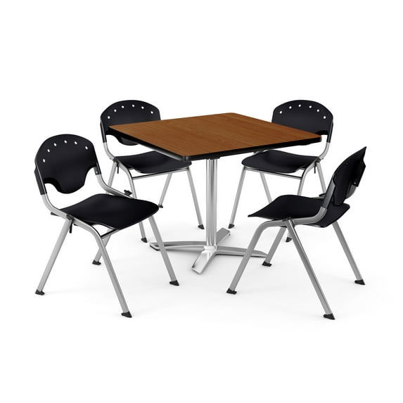 ofm core collection breakroom bundle, 36" square multi-purpose folding table in oak, 4 rico stacking chairs in navy (pkg-brk-019-0023)