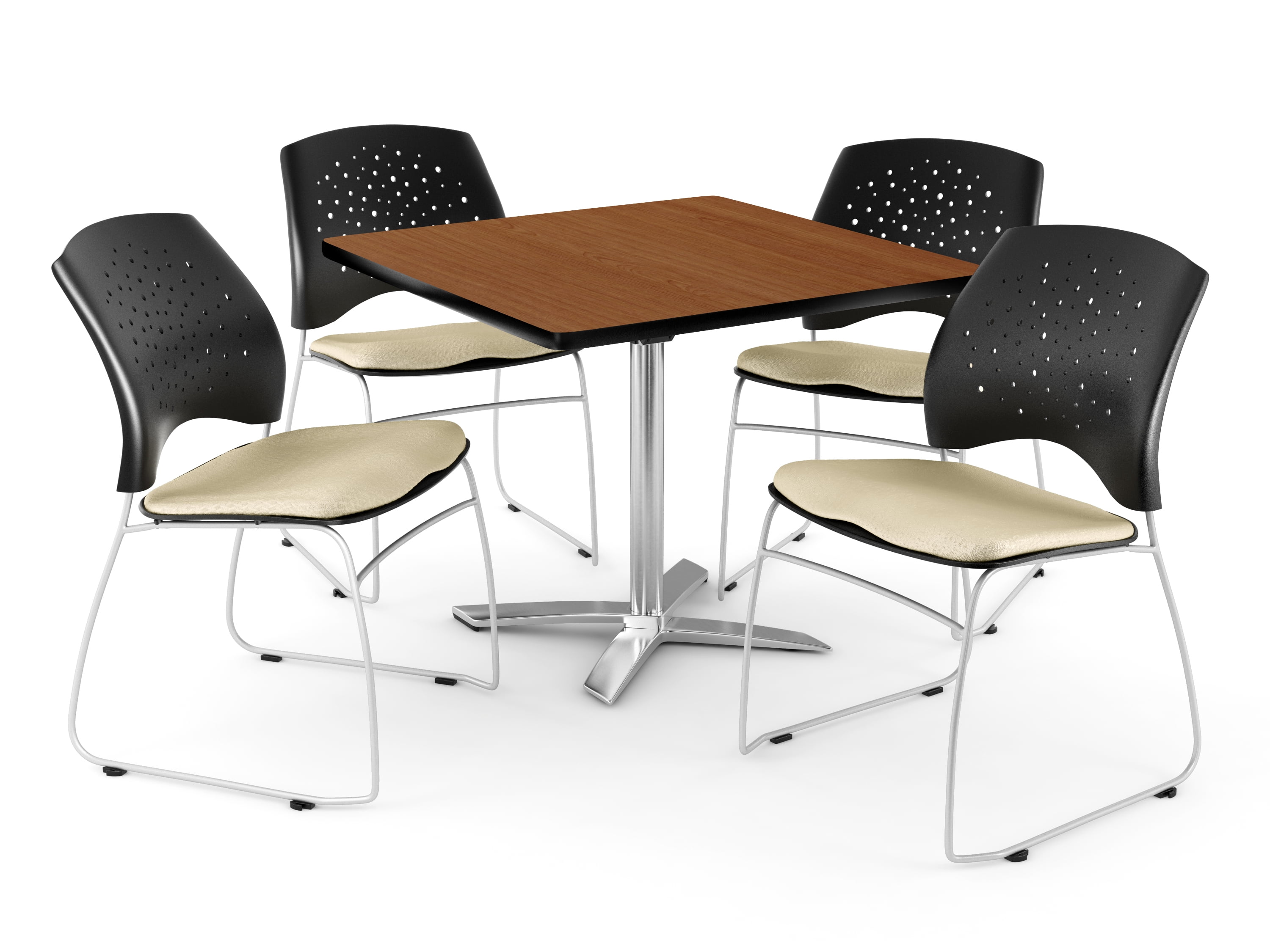 ofm core collection breakroom bundle, 36" square multi-purpose folding table in cherry, 4 stars stacking chairs in royal blue (pkg-brk-015-0010)