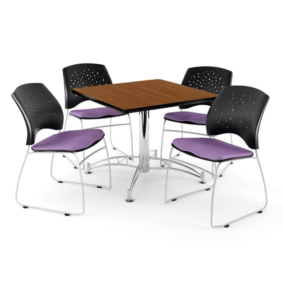 OFM Core Collection Breakroom Bundle, 36" Square Multi-purpose Table in Cherry, 4 Stars Stacking Chairs in Plum (PKG-BRK-014-0013)