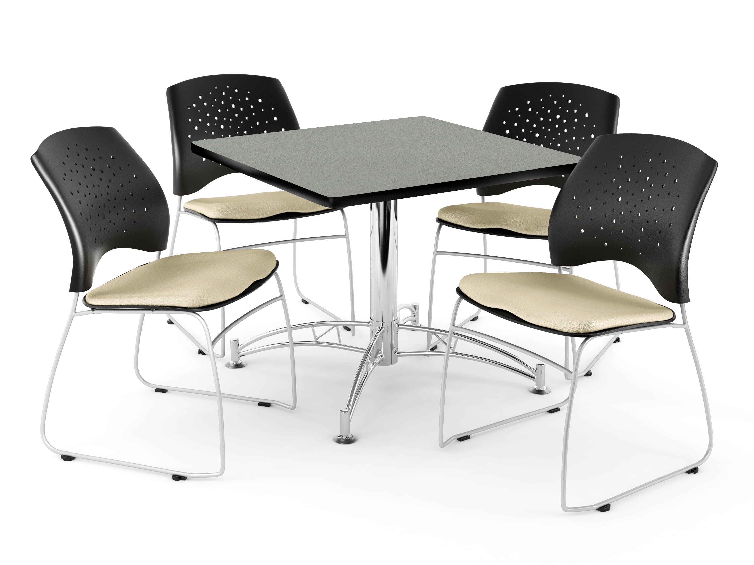 OFM Core Collection Breakroom Bundle, 36" Square Multi-purpose Table in Gray Nebula, 4 Stars Stacking Chairs in Khaki (PKG-BRK-014-0025)