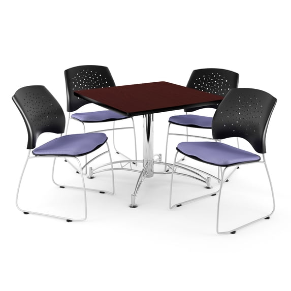 OFM Core Collection Breakroom Bundle, 36" Square Multi-purpose Table in Mahogany, 4 Stars Stacking Chairs in Lavender (PKG-BRK-014-0034)