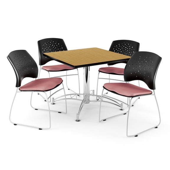OFM Core Collection Breakroom Bundle, 36" Square Multi-purpose Table in Oak, 4 Stars Stacking Chairs in Coral Pink (PKG-BRK-014-0056)