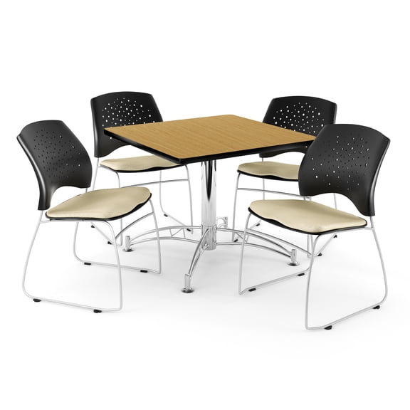 OFM Core Collection Breakroom Bundle, 36" Square Multi-purpose Table in Oak, 4 Stars Stacking Chairs in Khaki (PKG-BRK-014-0057)