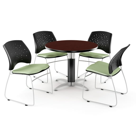 ofm core collection breakroom bundle, 42" round metal mesh base multi-purpose table in oak, 4 stars stacking chairs in coral pink (pkg-brk-013-0056)