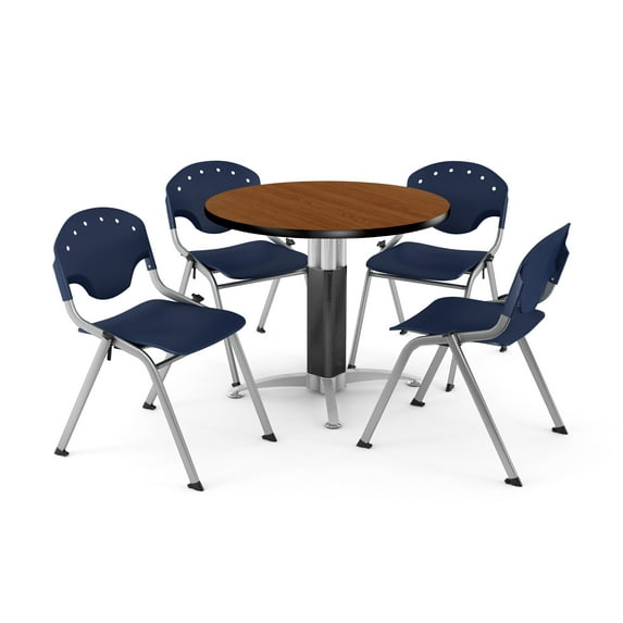 OFM Core Collection Breakroom Bundle, 42" Round Metal Mesh Base Multi-purpose Table in Cherry, 4 Rico Stacking Chairs in Navy (PKG-BRK-023-0005)