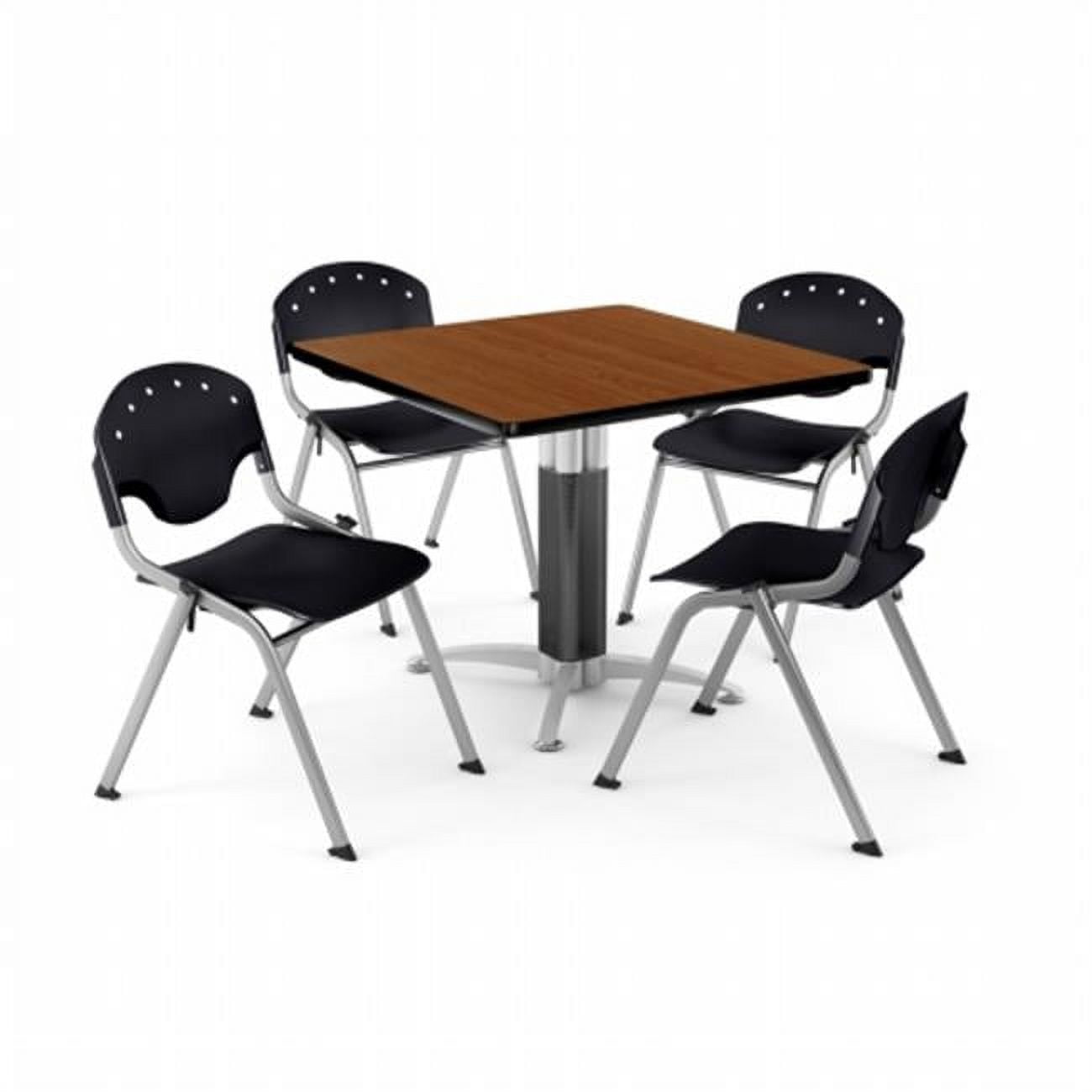 OFM Core Collection, Breakroom Bundle (42" Square Multi‑purpose Table + 4 Stacking Chairs), Steel mesh‑base and seating for four, Gray Nebula Table & Black Chairs