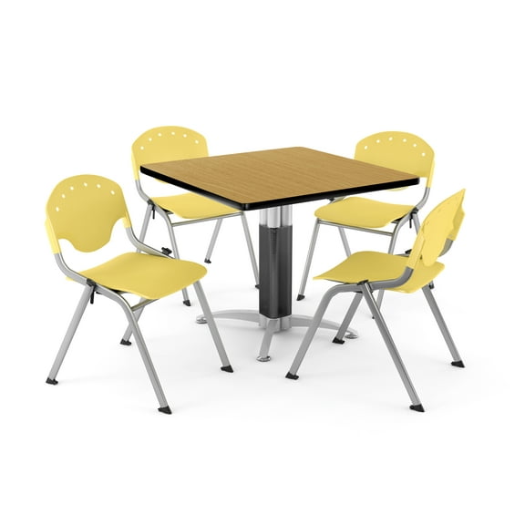 OFM Core Collection Breakroom Bundle, 42" Square Metal Mesh Base Multi-purpose Table in Oak, 4 Rico Stacking Chairs in Lemon Yellow (PKG-BRK-024-0022)