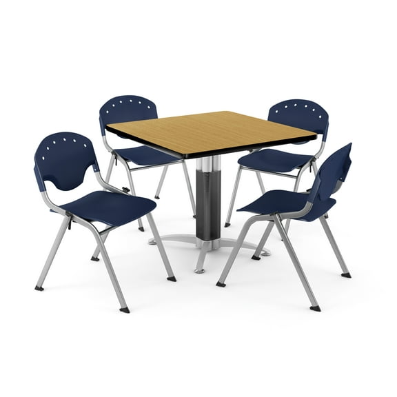 OFM Core Collection Breakroom Bundle, 42" Square Metal Mesh Base Multi-purpose Table in Oak, 4 Rico Stacking Chairs in Navy (PKG-BRK-024-0023)