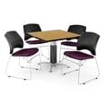 thumbnail image 1 of Square Metal Mesh Base Table in Oak, 4 Stars Stacking Chairs in Burgundy, 1 of 5