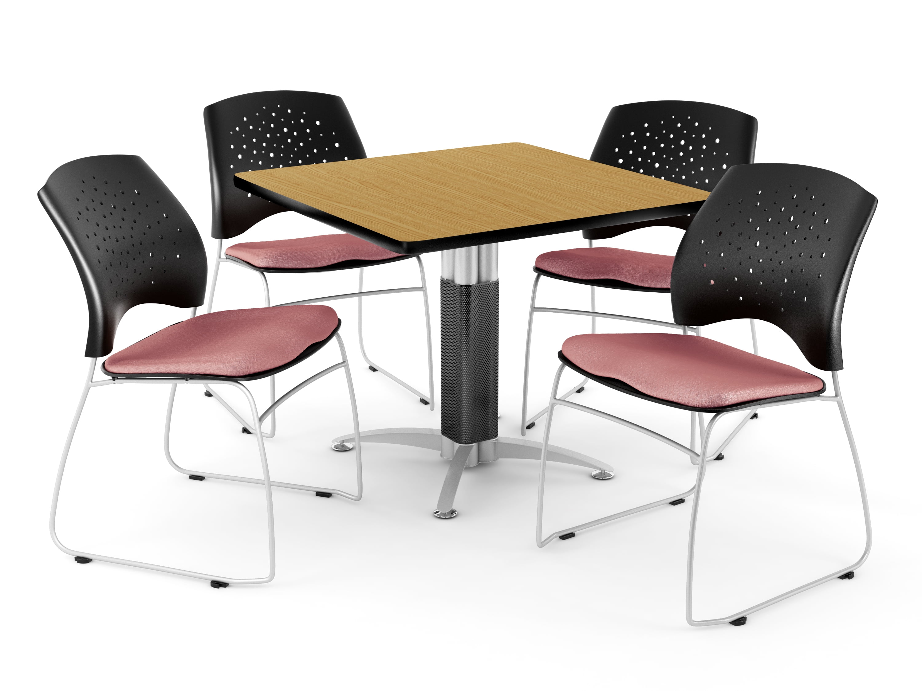 ofm core collection breakroom bundle, 42" square metal mesh base multi-purpose table in cherry, 4 stars stacking chairs in golden flax (pkg-brk-018-0005)