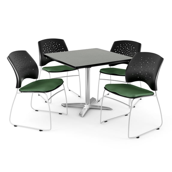 OFM Core Collection Breakroom Bundle Folding Table with 4 Stars Stacking Chairs, 42", Gray Nebula & Forest Green