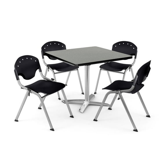 OFM Core Collection Breakroom Bundle, 42" Square Multi-purpose Folding Table in Gray Nebula, 4 Rico Stacking Chairs in Black (PKG-BRK-020-0007)