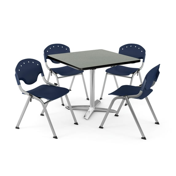 OFM Core Collection Breakroom Bundle, 42" Square Multi-purpose Folding Table in Gray Nebula, 4 Rico Stacking Chairs in Navy (PKG-BRK-020-0011)
