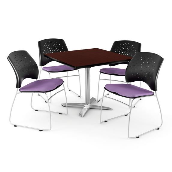 ofm core collection breakroom bundle, 42" square multi-purpose folding table in oak, 4 stars stacking chairs in forest green (pkg-brk-016-0063)