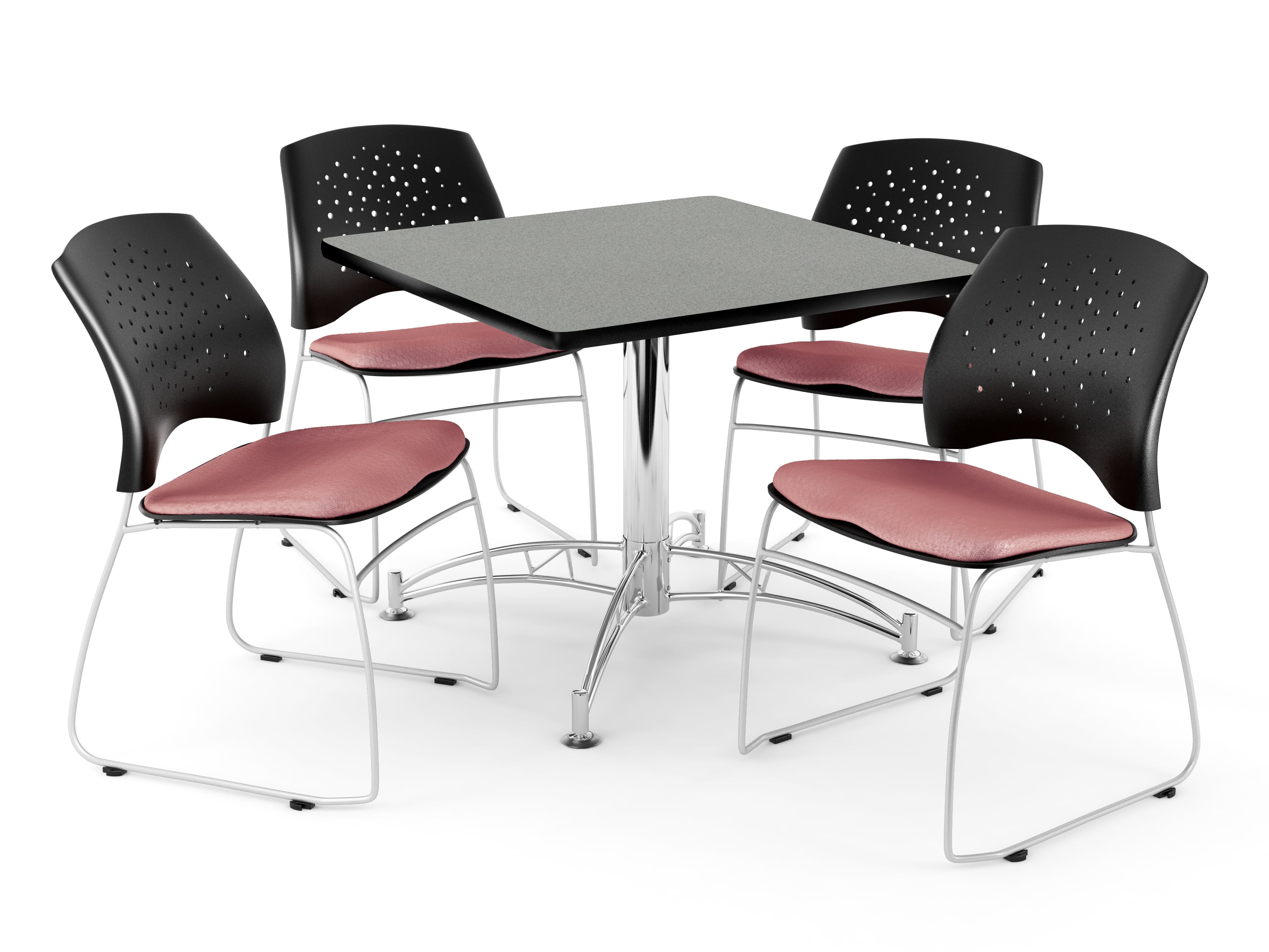 OFM Core Collection Breakroom Set, 42" Square Multi-purpose Table in Gray Nebula, 4 Stars Stacking Chairs in Coral Pink (PKG-BRK-01-0035)
