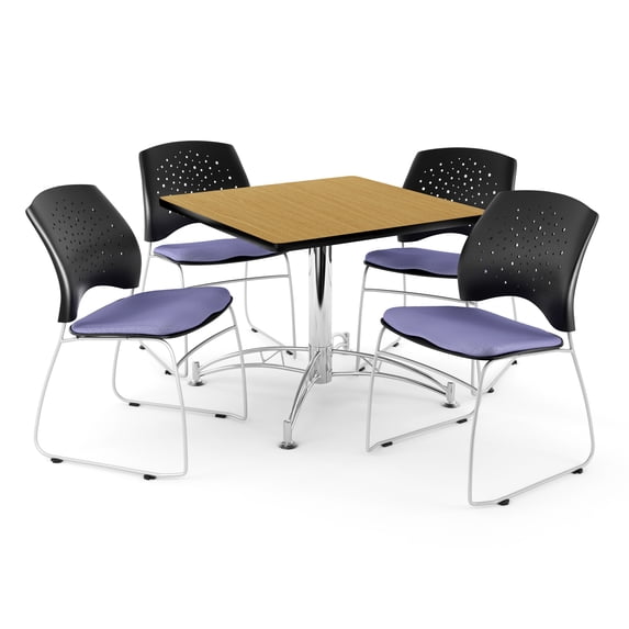 OFM Core Collection Breakroom Set, 42" Square Multi-purpose Table in Oak, 4 Stars Stacking Chairs in Lavender (PKG-BRK-01-0054)