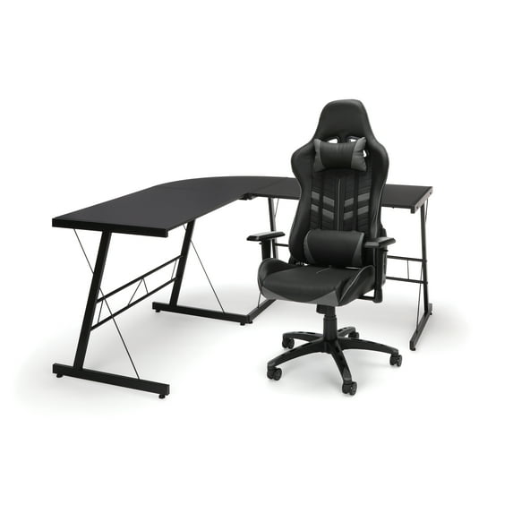 OFM Essentials Collection Racing Style Gaming Chair and 60" L-Shaped Desk, Office Bundle, in Gray/Black (PKG-W-E02-GY-BLK)