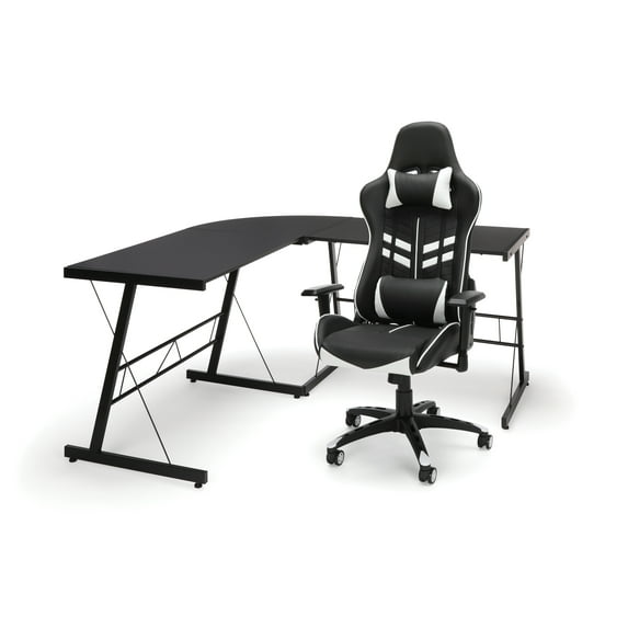 OFM Essentials Collection Racing Style Gaming Chair and 60" L-Shaped Desk, Office Bundle, in White/Black (PKG-W-E02-WH-BLK)