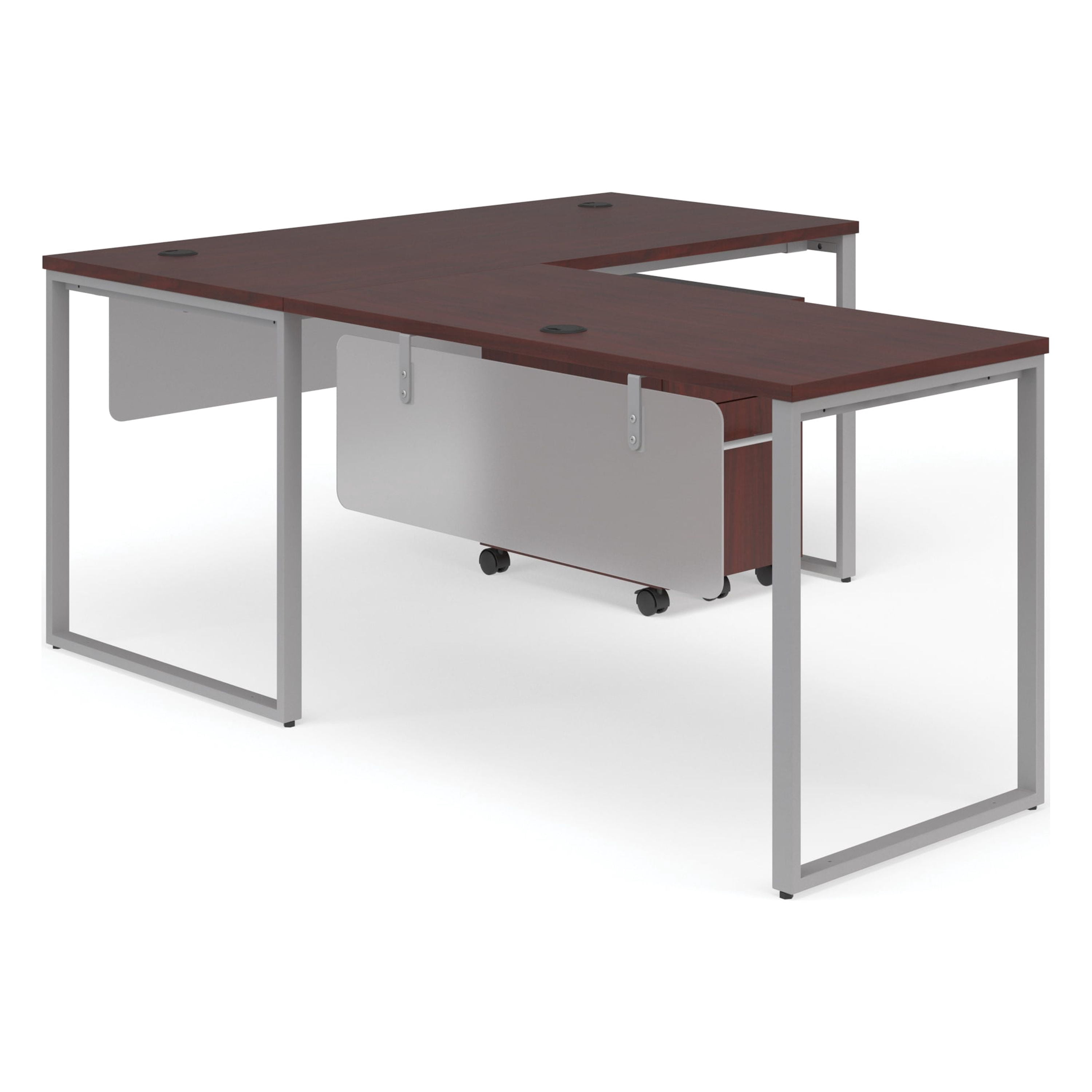 OFM Fulcrum Series Office Furniture Set, 60" Desk with Return, Filing Cabinet, Modesty Panels, in Mahogany