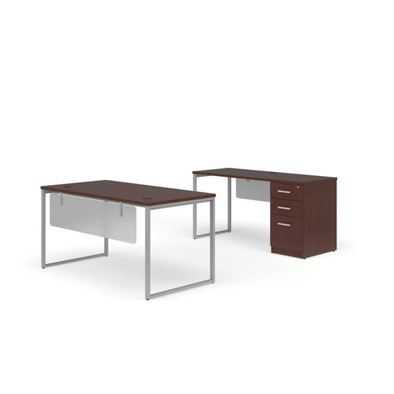 OFM Fulcrum Series Office Furniture Set, 60" Table Desk, 60" Credenza, 3-drawer Filing Cabinet, Modesty Panel, in Mahogany