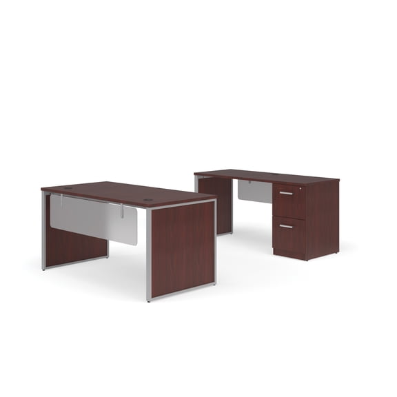 OFM Fulcrum Series Office Furniture Set, 60" Table Desk, 60" Credenza, Filing Cabinet, Modesty Panel, Leg Panels, in Mahogany