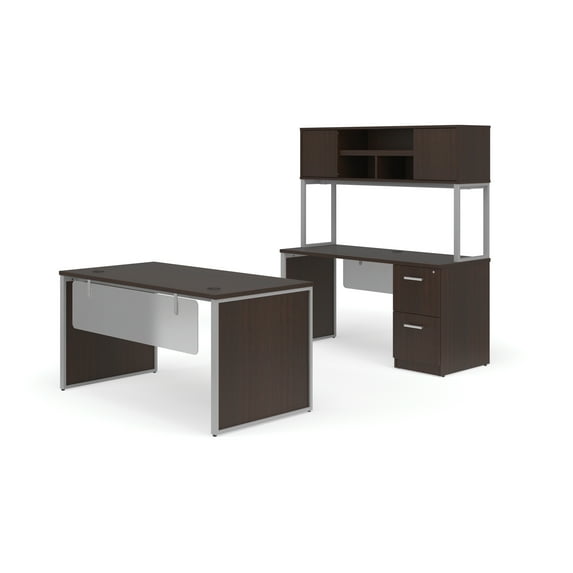 OFM Fulcrum Series Office Furniture Set, 60" Table Desk, 60" Credenza, Lateral 2-drawer Filing Cabinet, Hutch, Modesty Panel, Leg Panels, in Espresso