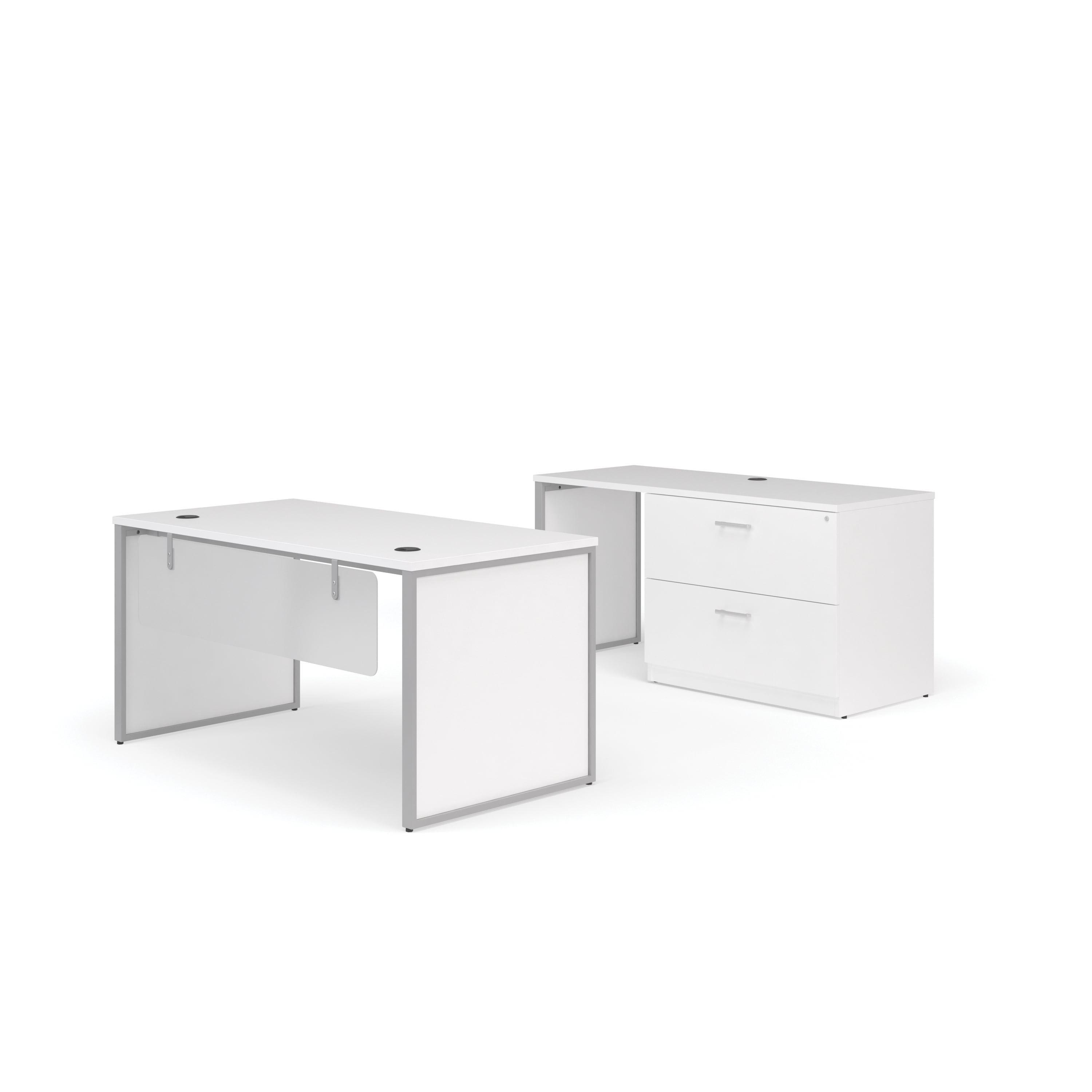 OFM Fulcrum Series Office Furniture Set, 60" Table Desk, 60" Credenza, Lateral Filing Cabinet, Modesty Panel, Leg Panels, in White