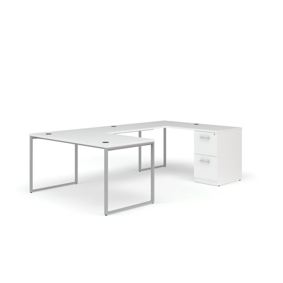 OFM Fulcrum Series Office Furniture Set, 60" U-Shaped Desk with Bridge, Credenza, 2-drawer Filing Cabinet, in White